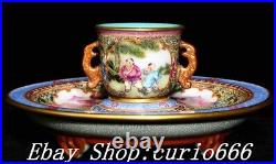 Qianlong Famille Rose Porcelain Gold Gilt Child Kid Pattern Wine Cup Saucer Set