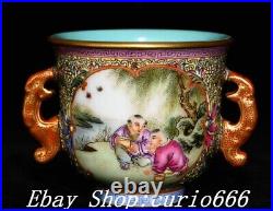 Qianlong Famille Rose Porcelain Gold Gilt Child Kid Pattern Wine Cup Saucer Set