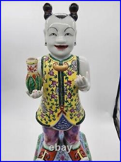 Qianlong Fencai Painted An Tai Porcelain Chinese Famille Rose Figurines Repaired