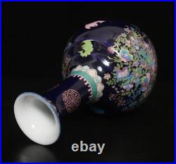 Qianlong Signed Antique Chinese Blue Glaze Famille Rose Vase Withflower