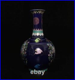 Qianlong Signed Antique Chinese Blue Glaze Famille Rose Vase Withflowers