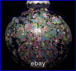 Qianlong Signed Antique Chinese Blue Glaze Famille Rose Vase Withflowers