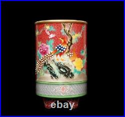 Qianlong Signed Antique Chinese Famille Rose Brush Pot Withbird