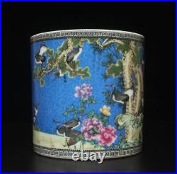 Qianlong Signed Chinese Famille Rose Brush Pot With crane