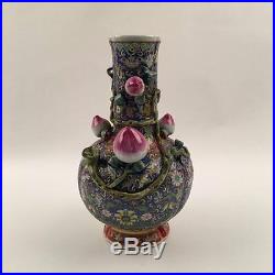Rare 15 Qianlong Mark Famille Rose Porcelain Vase w 5 sculptures of peaches