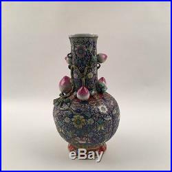 Rare 15 Qianlong Mark Famille Rose Porcelain Vase w 5 sculptures of peaches