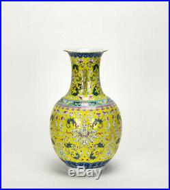 Superb Chinese Qing Qianlong MK Famille Rose Floral Yellow Ground Porcelain Vase